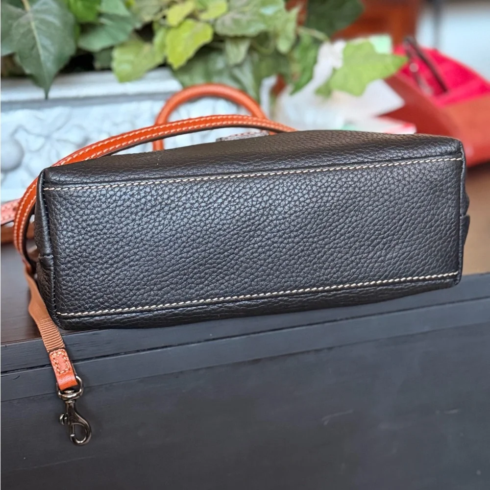 Dooney & Bourke Black Pebble Leather Satchel with Brown Trim